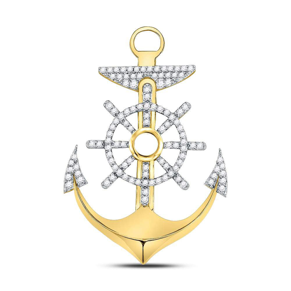 10kt Yellow Gold Men's Diamond Anchor Wheel Nautical Charm Pendant 1-1/4 ctw - view 3