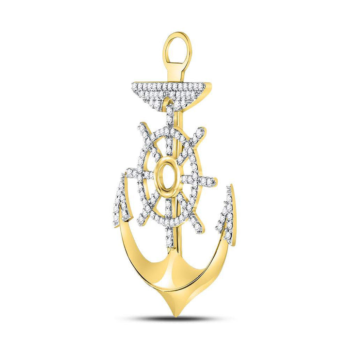 10kt Yellow Gold Men's Diamond Anchor Wheel Nautical Charm Pendant 1-1/4 ctw