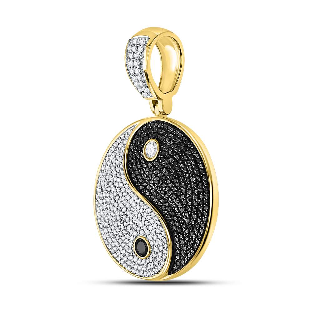 10kt Yellow Gold Men's Black Color Enhanced Diamond Yin Yang Charm Pendant 1-3/4 ctw - view 2