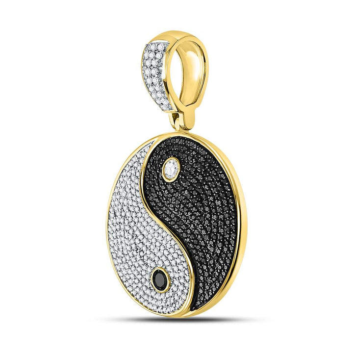 10kt Yellow Gold Men's Black Color Enhanced Diamond Yin Yang Charm Pendant 1-3/4 ctw - view 2