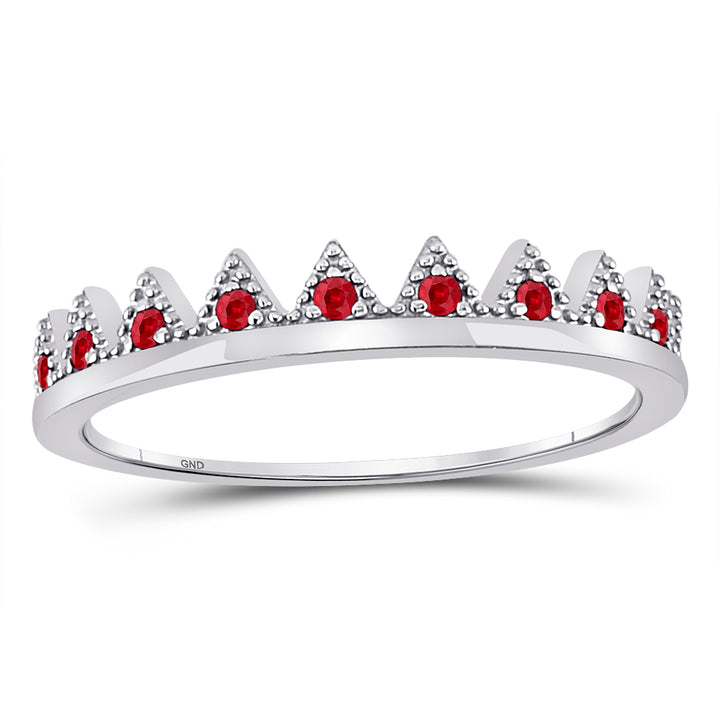 10kt White Gold Womens Round Ruby Beaded Chevron Stackable Band Ring 1/10 Cttw