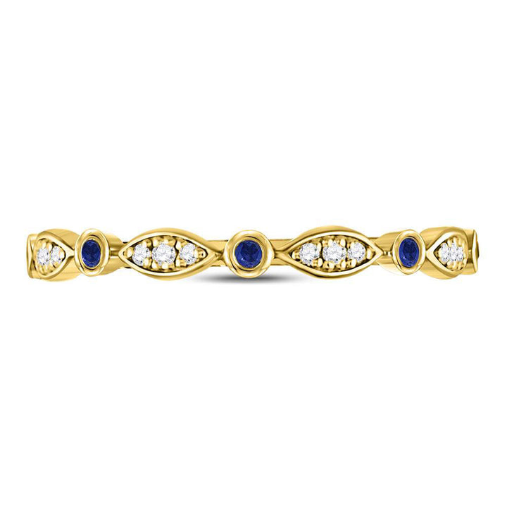 10kt Yellow Gold Womens Round Blue Sapphire Diamond Marquise Dot Stackable Band Ring 1/8 Cttw