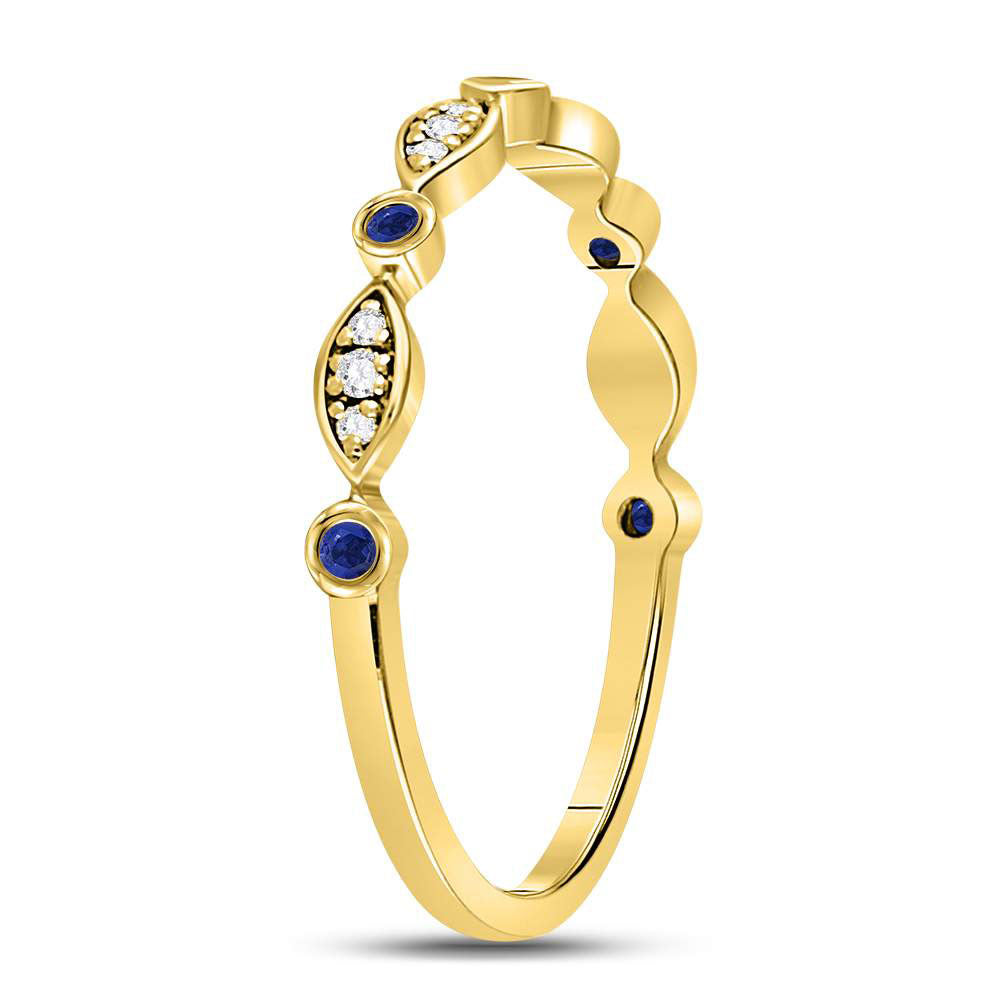 10kt Yellow Gold Womens Round Blue Sapphire Diamond Marquise Dot Stackable Band Ring 1/8 Cttw