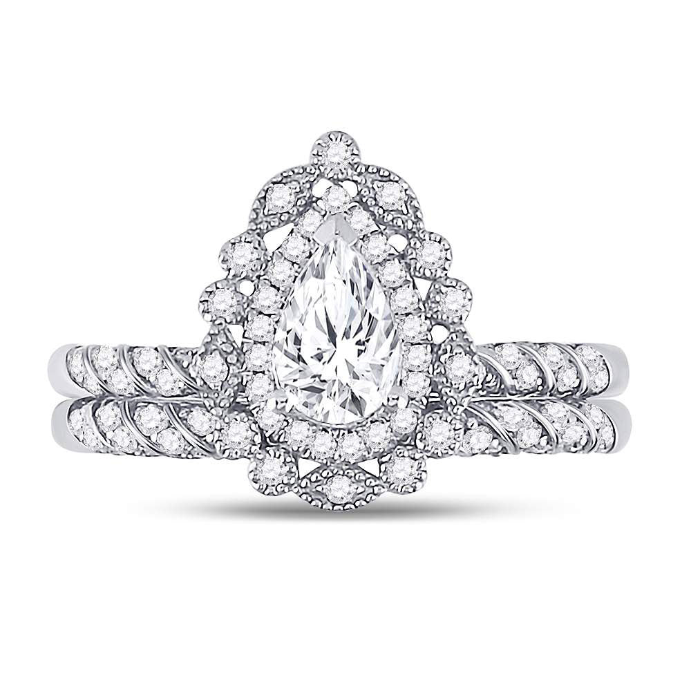 14kt White Gold Womens Pear Diamond Milgrain Bridal Wedding Ring Band Set 1-1/3 Cttw