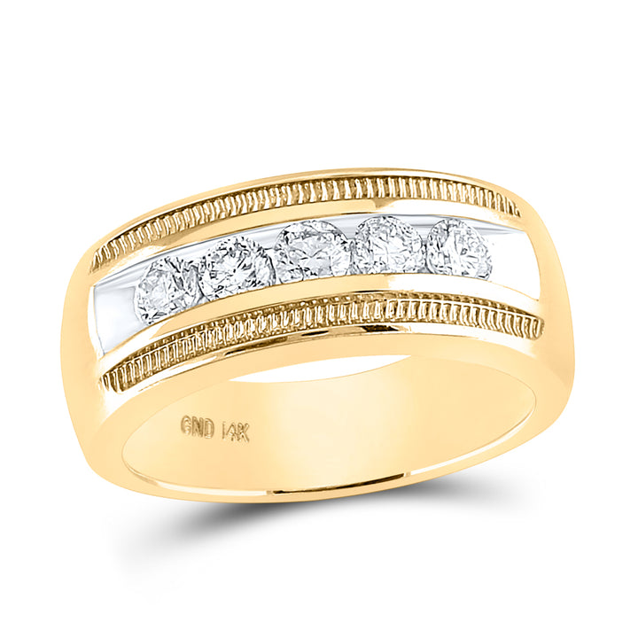 14kt Yellow Gold Mens Round Diamond Single Row Textured Wedding Band Ring 1.00 Cttw
