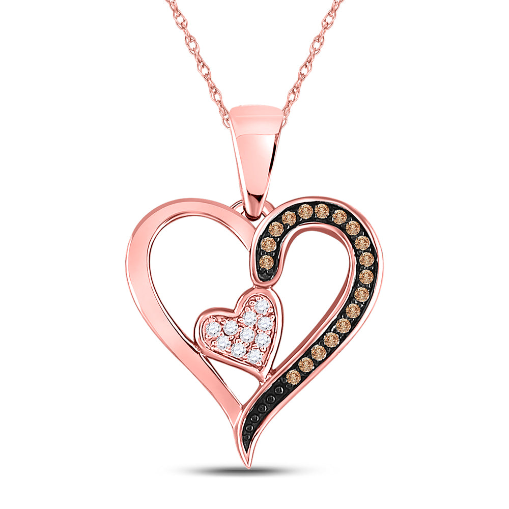 10kt Rose Gold Women's Round Brown Diamond Heart Pendant 1/8 ctw - view 2