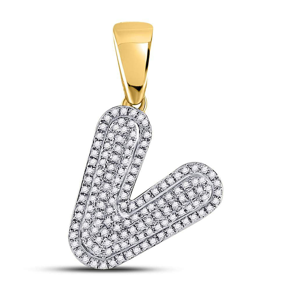 10kt Yellow Gold Men's Diamond Letter V Bubble Initial Charm Pendant 3/8 ctw - view 2