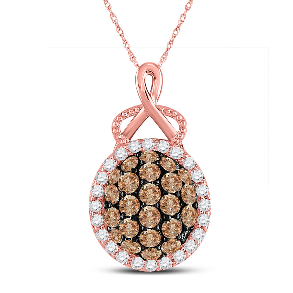 14kt Rose Gold Women's Brown Diamond Oval Cluster Pendant 7/8 ctw