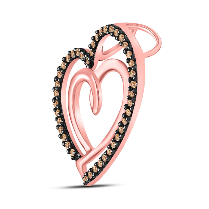 10kt Rose Gold Women's Brown Diamond Double Nested Heart Pendant 1/8 ctw