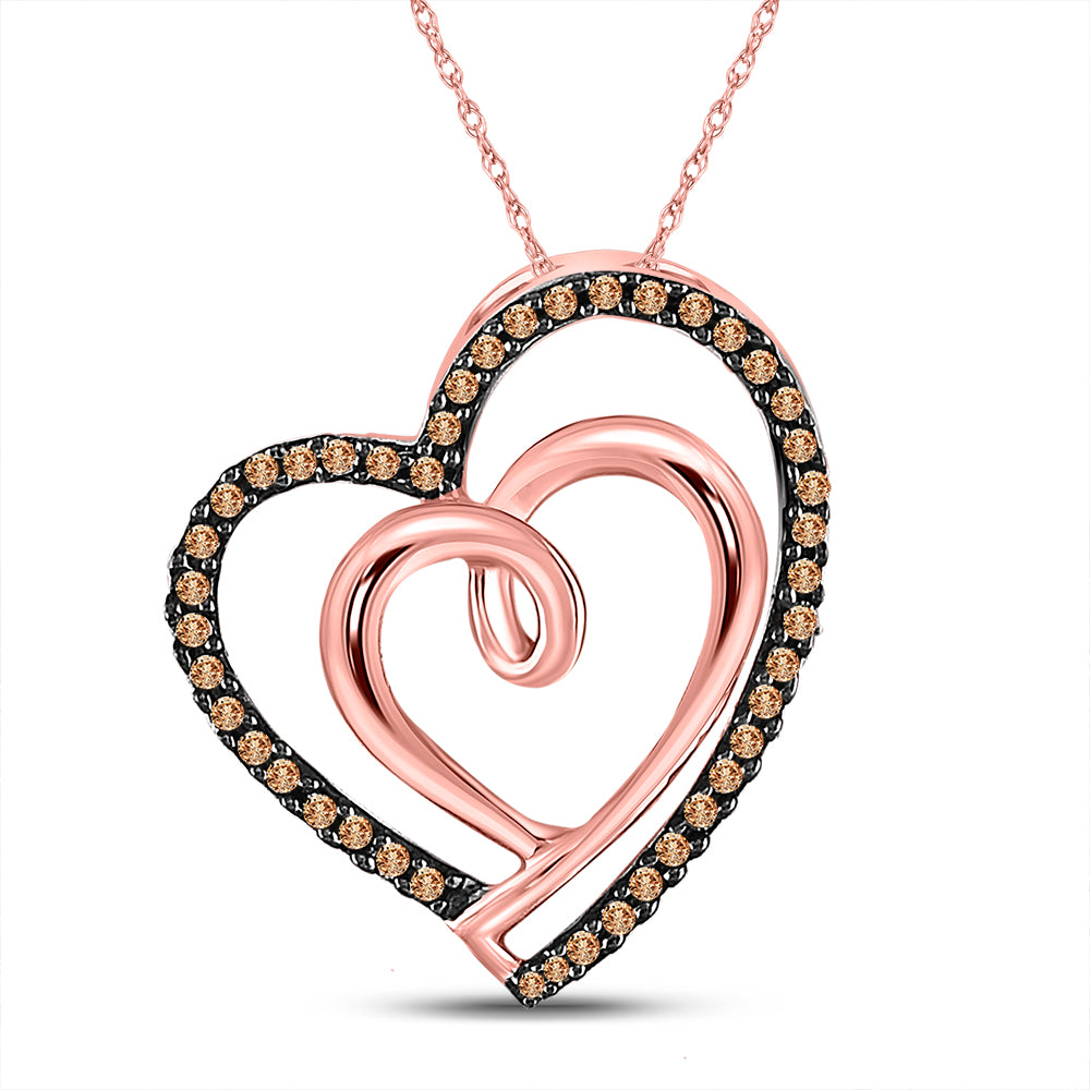 10kt Rose Gold Women's Brown Diamond Double Nested Heart Pendant 1/8 ctw - view 2