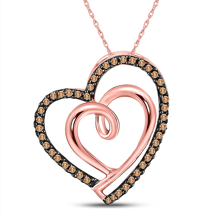 10kt Rose Gold Women's Brown Diamond Double Nested Heart Pendant 1/8 ctw - view 2