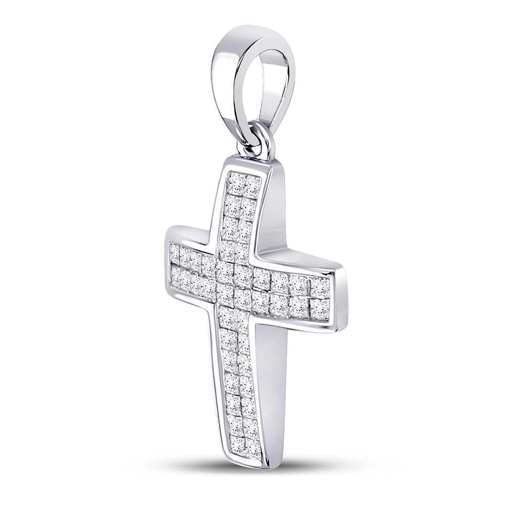10kt White Gold Women's Princess Diamond Religious Cross Pendant 1/2 ctw
