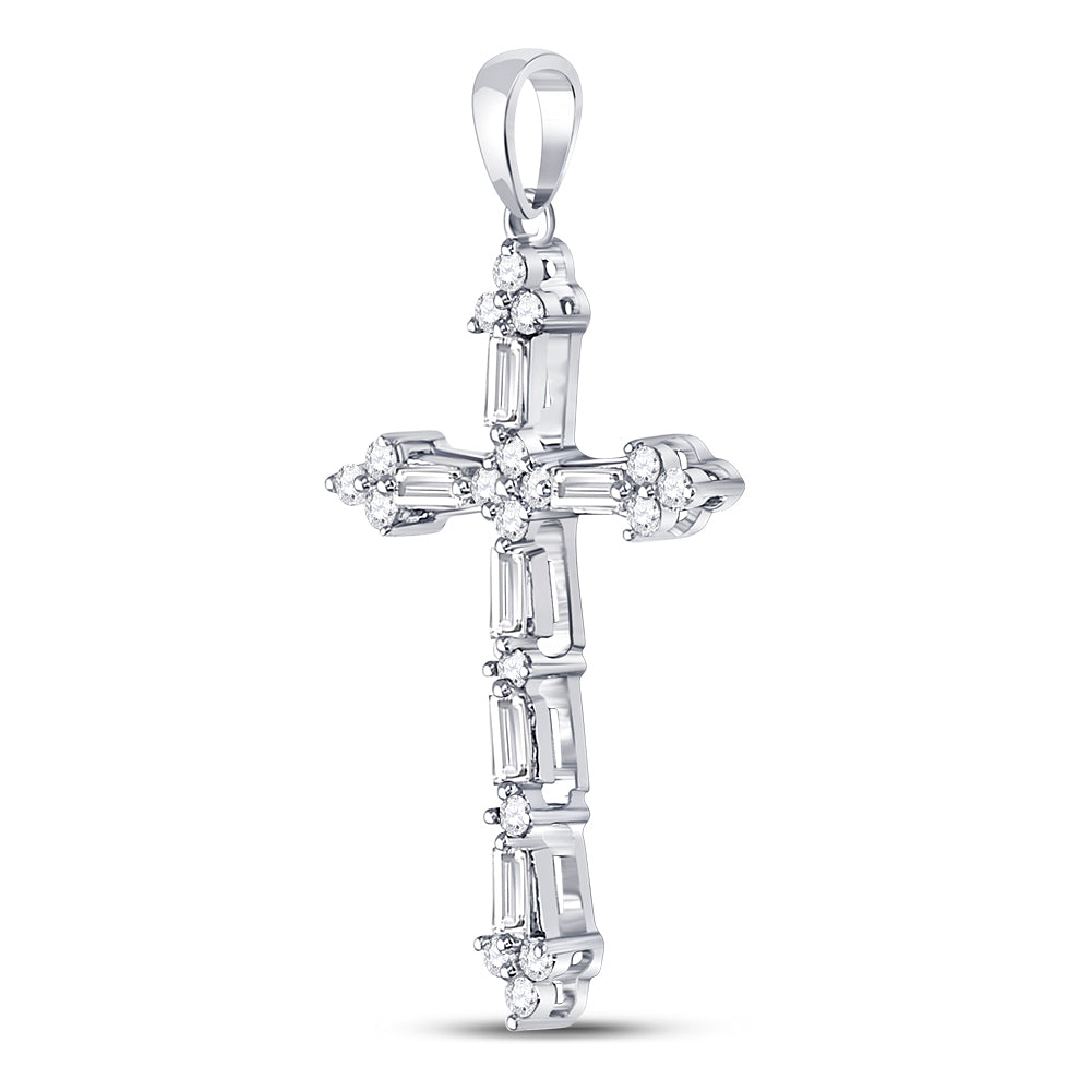 10kt White Gold Women's Baguette Diamond Cross Faith Pendant 1/2 ctw