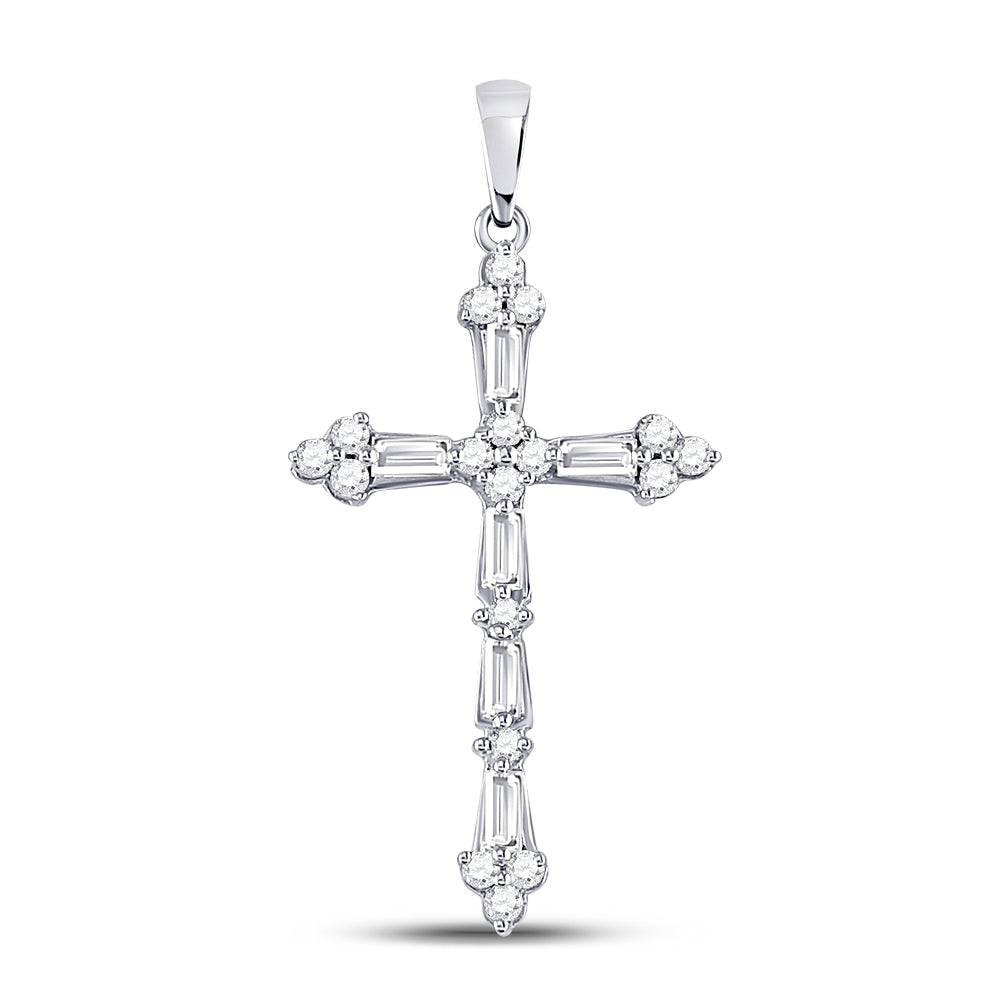 10kt White Gold Women's Baguette Diamond Cross Faith Pendant 1/2 ctw - view 2