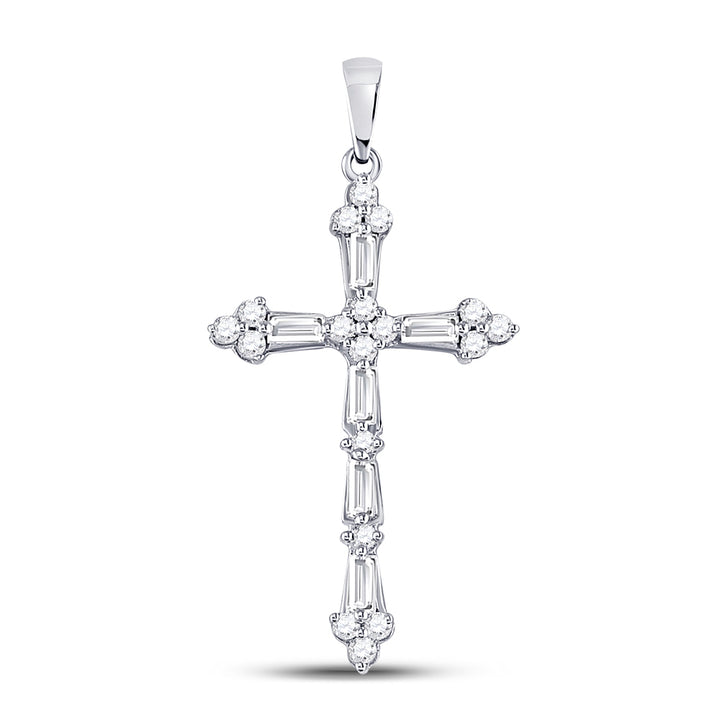 10kt White Gold Women's Baguette Diamond Cross Faith Pendant 1/2 ctw - view 2