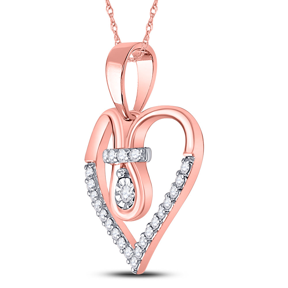 10kt Rose Gold Women's Round Diamond Heart Knot Pendant 1/5 ctw