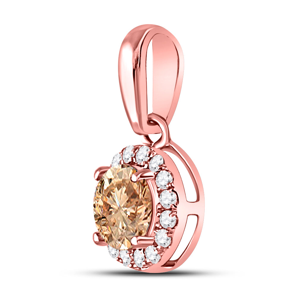 14kt Rose Gold Women's Brown Diamond Halo Solitaire Pendant 1/2 ctw