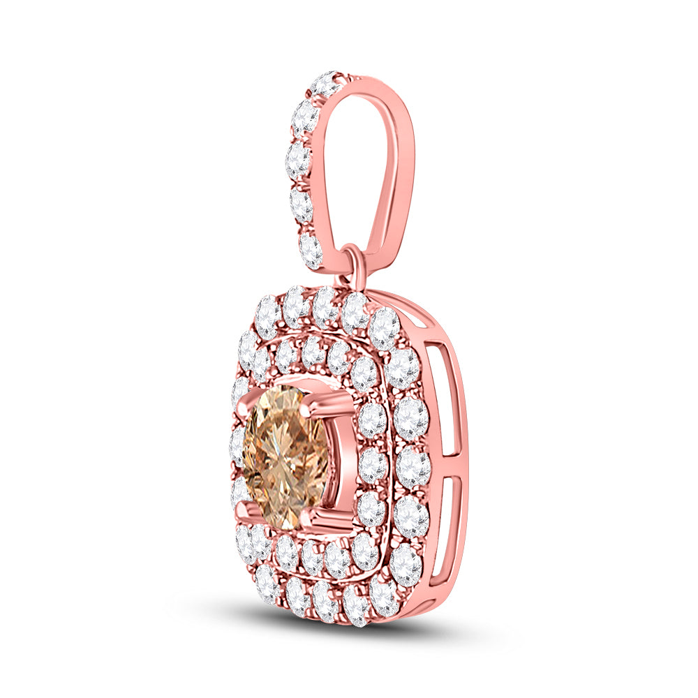 14kt Rose Gold Women's Brown Diamond Halo Solitaire Pendant 1 ctw