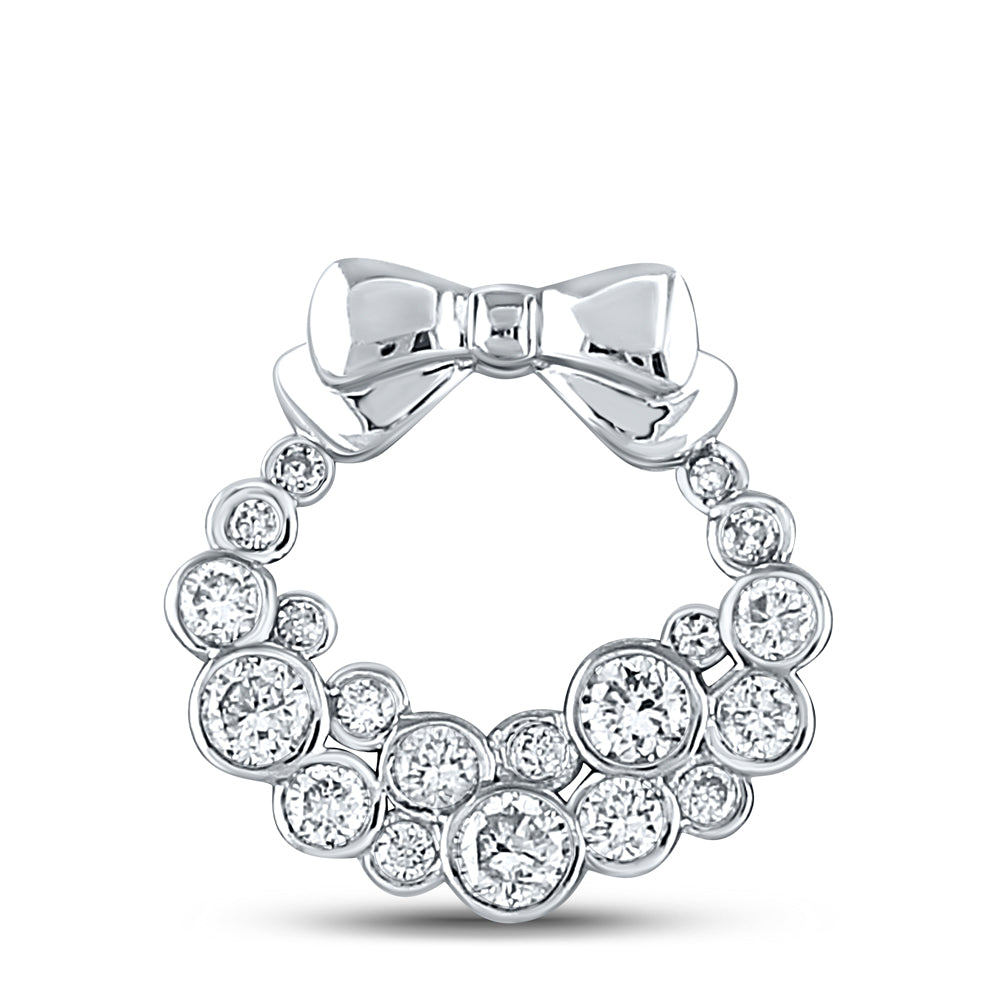 10kt White Gold Women's Diamond Holiday Wreath Pendant 1/2 ctw