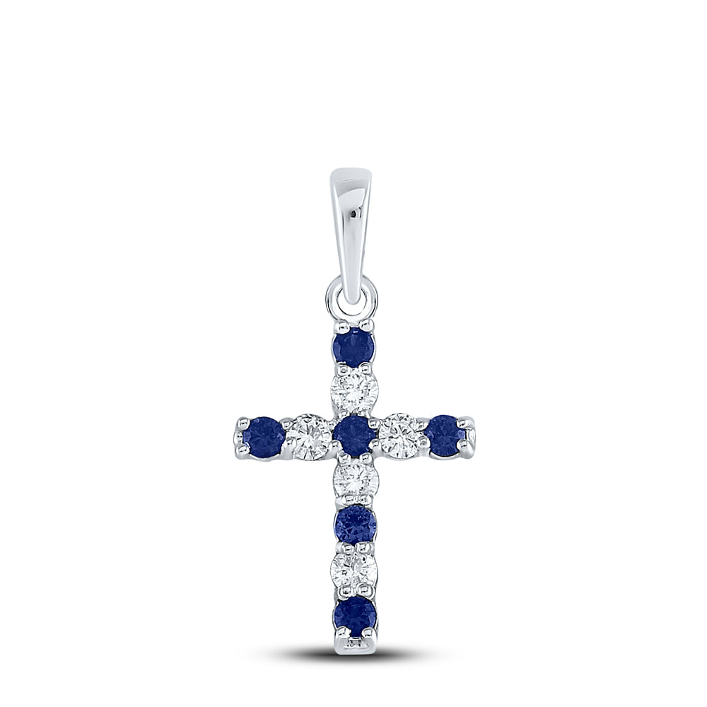 10kt White Gold Women's Lab-Created Blue Sapphire Cross Faith Pendant 1/3 ctw
