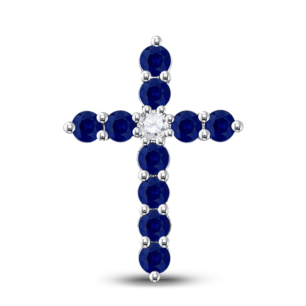 10kt White Gold Women's Lab-Created Blue Sapphire Cross Pendant 7/8 ctw - view 2