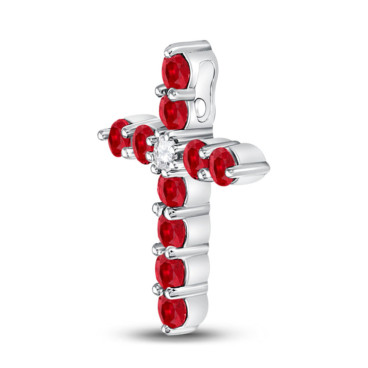 10kt White Gold Women's Lab-Created Ruby Cross Pendant 7/8 ctw