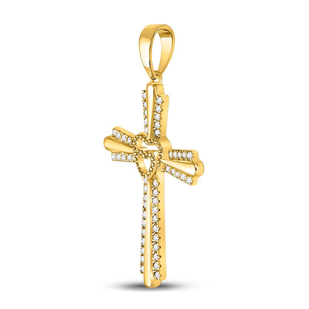 10kt Yellow Gold Women's Diamond Heart Cross Pendant 1/4 ctw