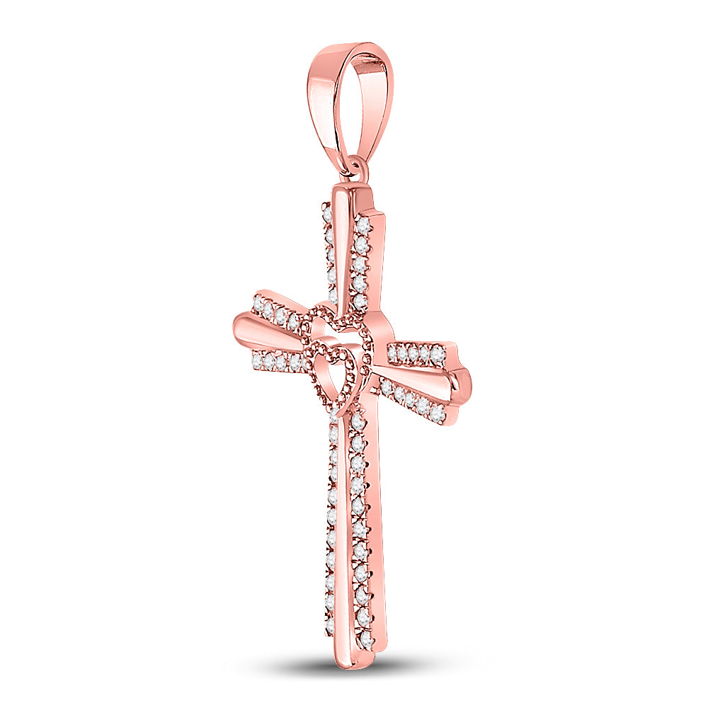 10kt Rose Gold Women's Round Diamond Heart Cross Pendant 1/4 ctw