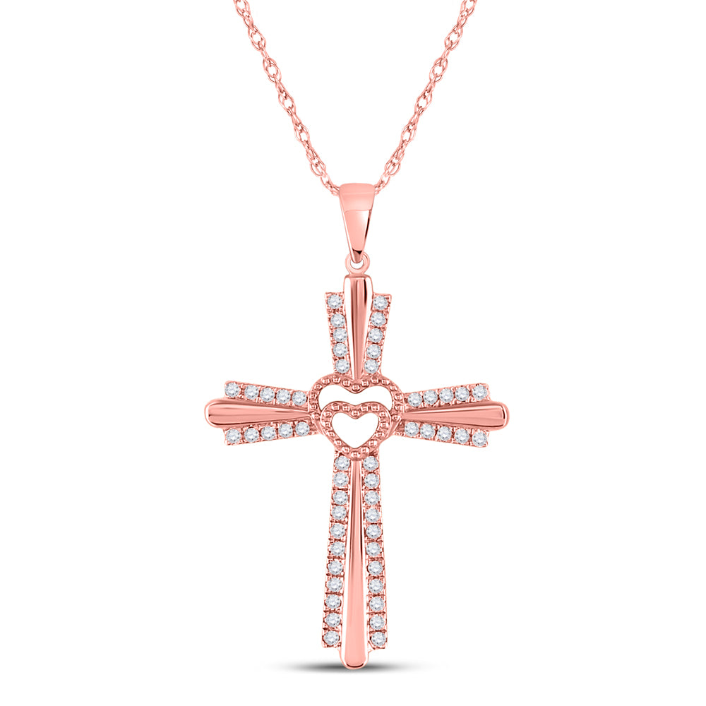 10kt Rose Gold Women's Round Diamond Heart Cross Pendant 1/4 ctw - view 2