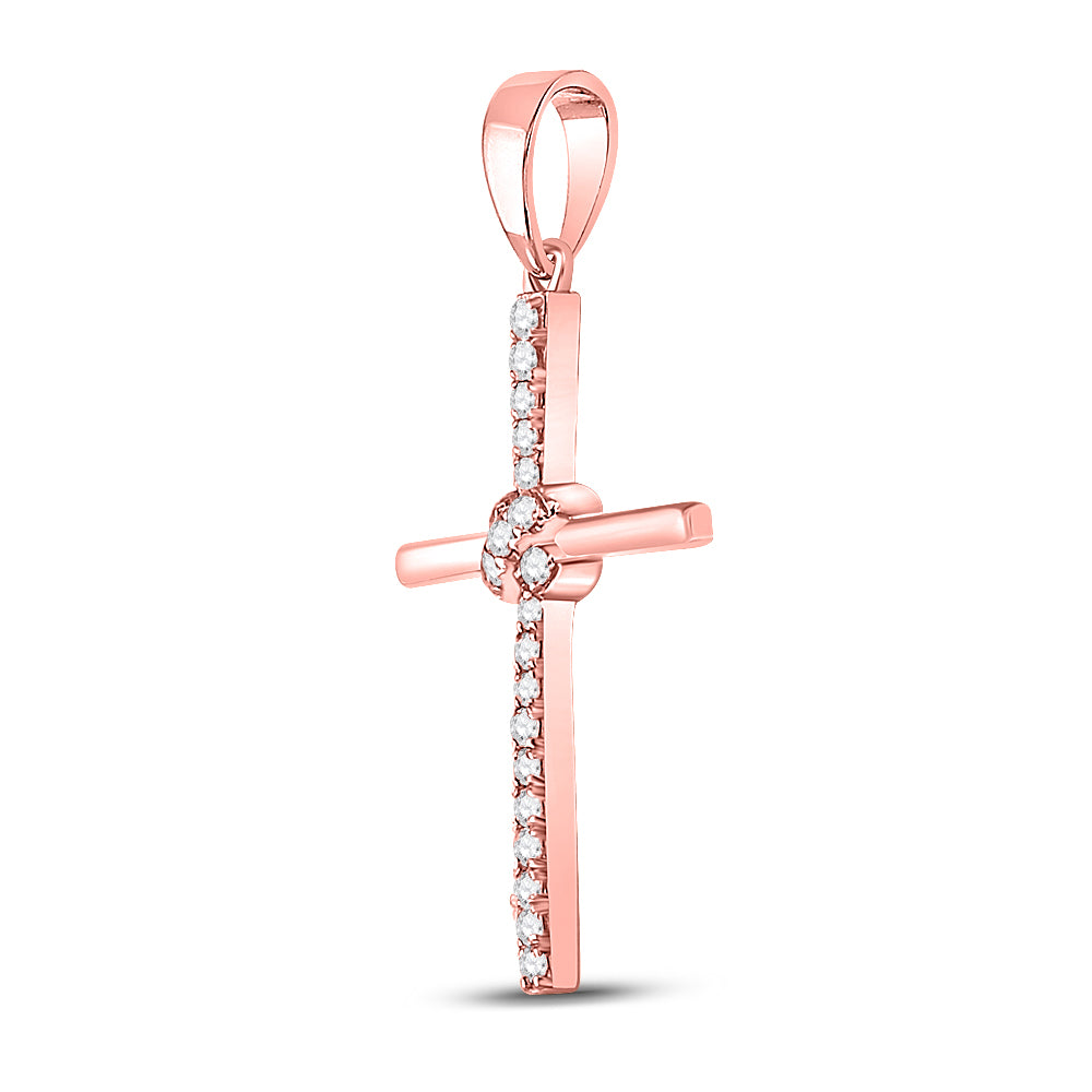 10kt Rose Gold Women's Round Diamond Cross Pendant 1/12 ctw