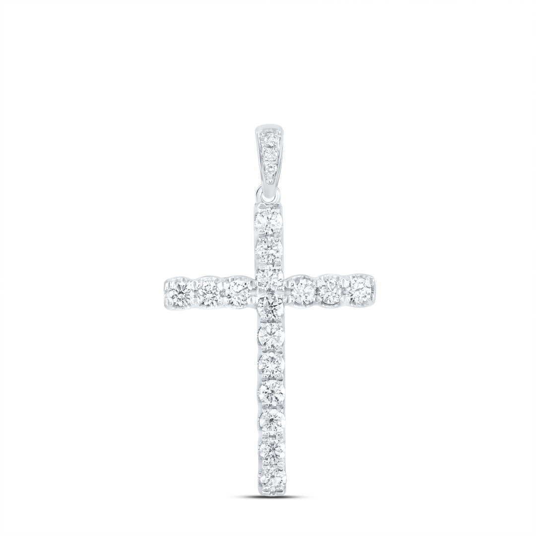 14kt White Gold Womens Round Diamond Faith Cross Pendant 1/2 Cttw