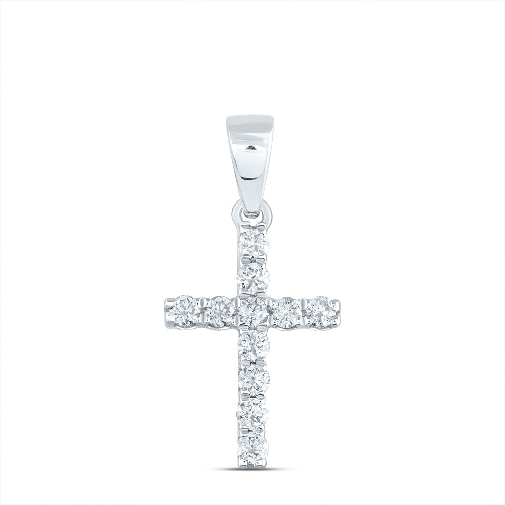 14kt White Gold Womens Round Diamond Faith Cross Pendant 1/5 Cttw