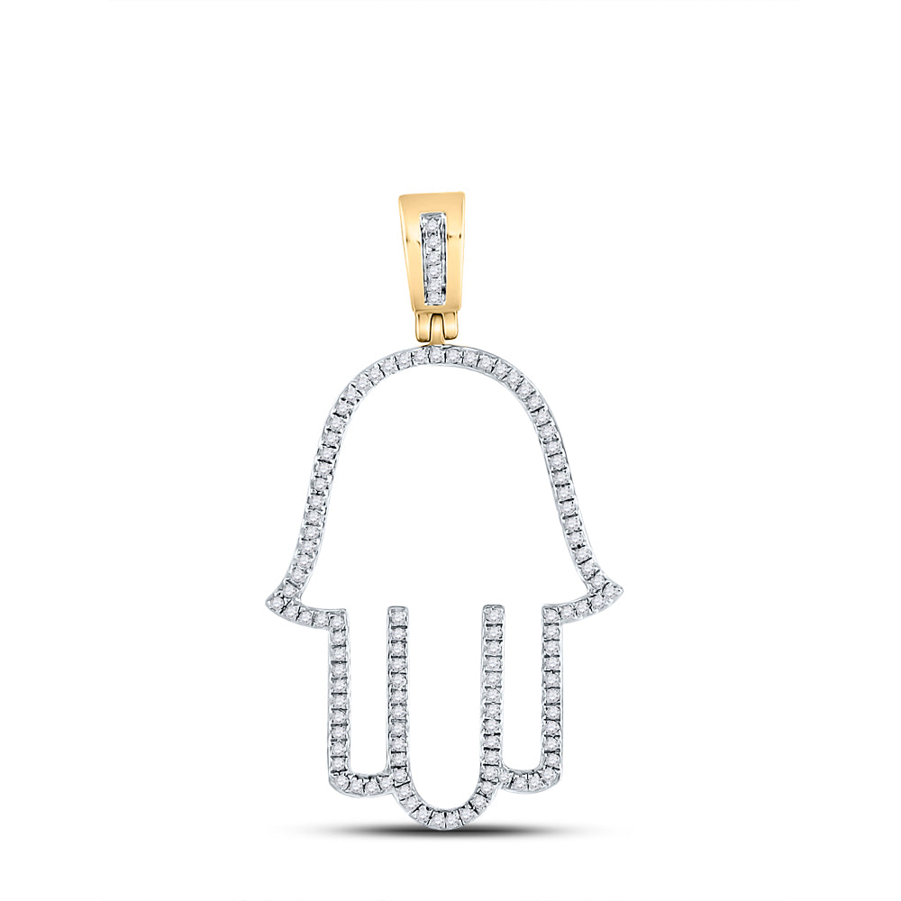 10kt Yellow Gold Men's Diamond Hamsa Fatima Hand Charm Pendant 1/3 ctw - view 2