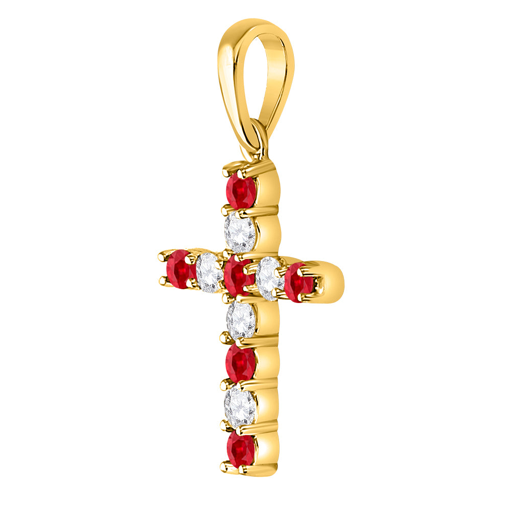10kt Yellow Gold Women's Lab-Created Ruby Faith Cross Pendant 3/8 ctw
