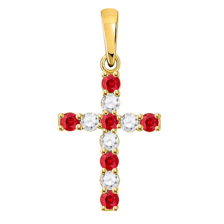 10kt Yellow Gold Women's Lab-Created Ruby Faith Cross Pendant 3/8 ctw - view 2