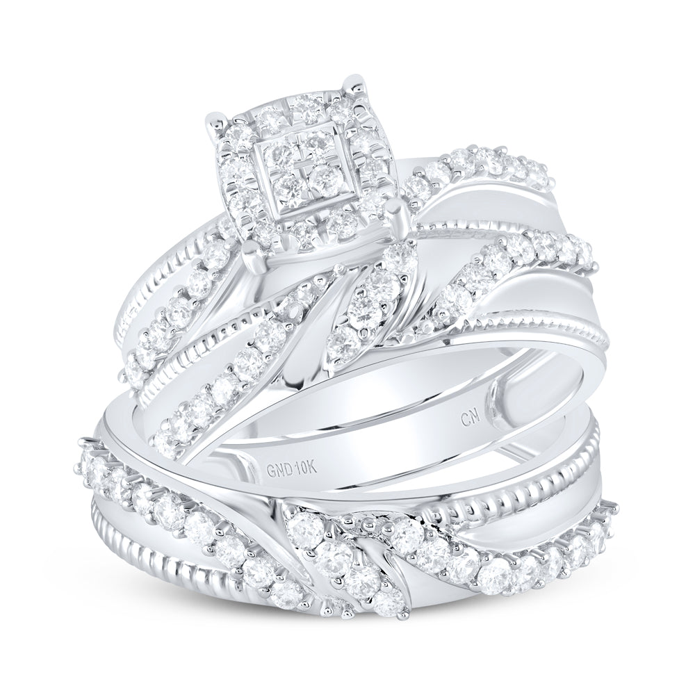 10kt White Gold His Hers Round Diamond Cluster Matching Bridal Wedding Ring Band Set 1.00 Cttw