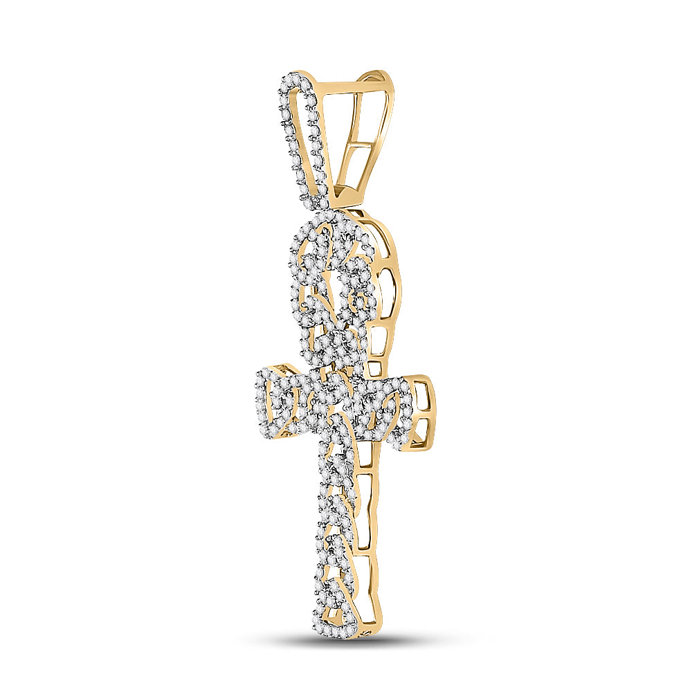 10kt Yellow Gold Men's Diamond Ankh Cross Charm Pendant 7/8 ctw