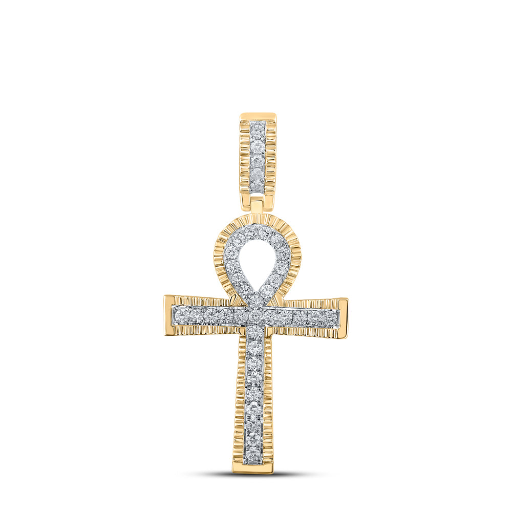 10kt Yellow Gold Men's Diamond Ankh Cross Charm Pendant 1 ctw - view 2