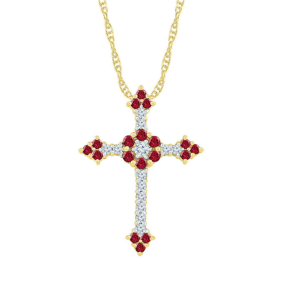 10kt Yellow Gold Women's Lab-Created Ruby Faith Cross Pendant 1 ctw