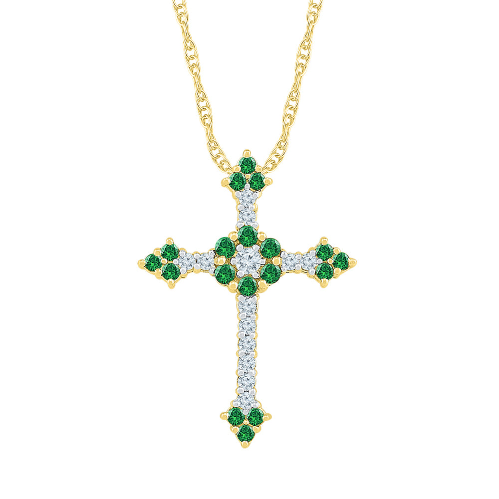 10kt Yellow Gold Women's Lab-Created Emerald Cross Pendant 7/8 ctw