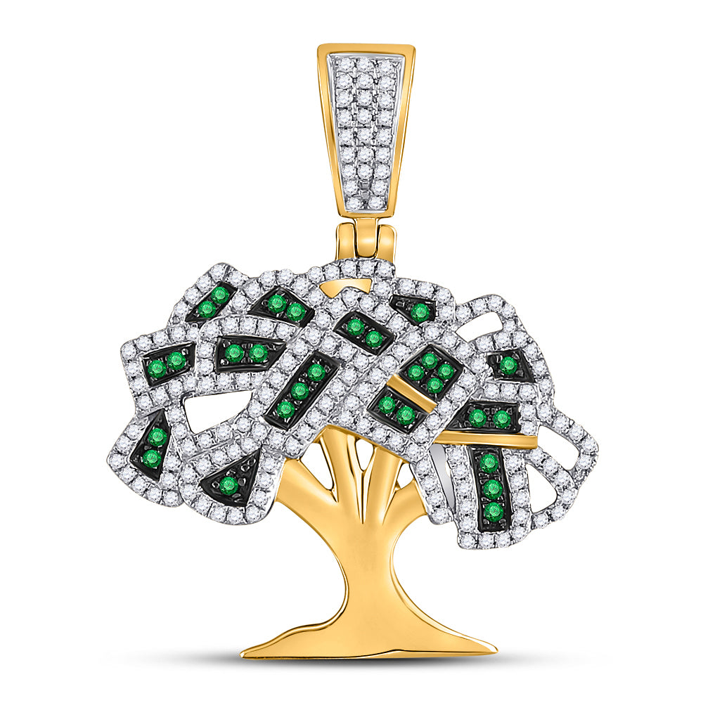 10kt Yellow Gold Men's Green Color Enhanced Diamond Money Tree Charm Pendant 3/4 ctw