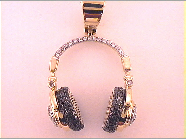 10kt Yellow Gold Men's Black Color Enhanced Diamond Headphone DJ Charm Pendant 1 ctw