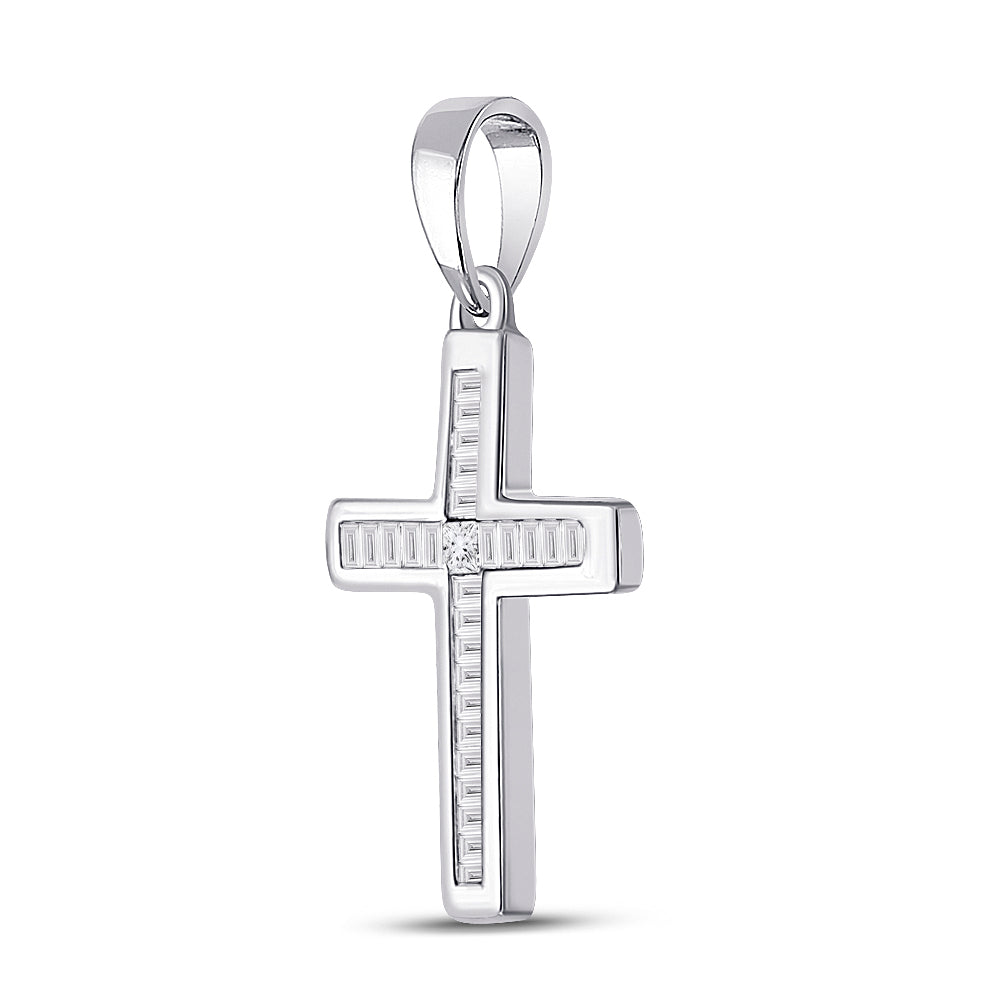 10kt White Gold Women's Princess Diamond Religious Cross Pendant 1/10 ctw