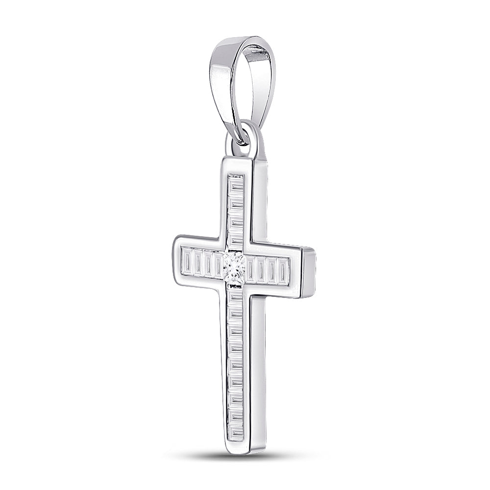 10kt White Gold Women's Princess Diamond Religious Cross Pendant 1/5 ctw