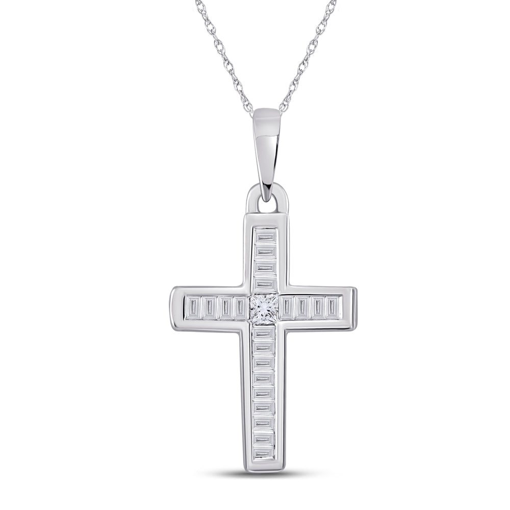 10kt White Gold Women's Princess Diamond Religious Cross Pendant 1/5 ctw - view 2