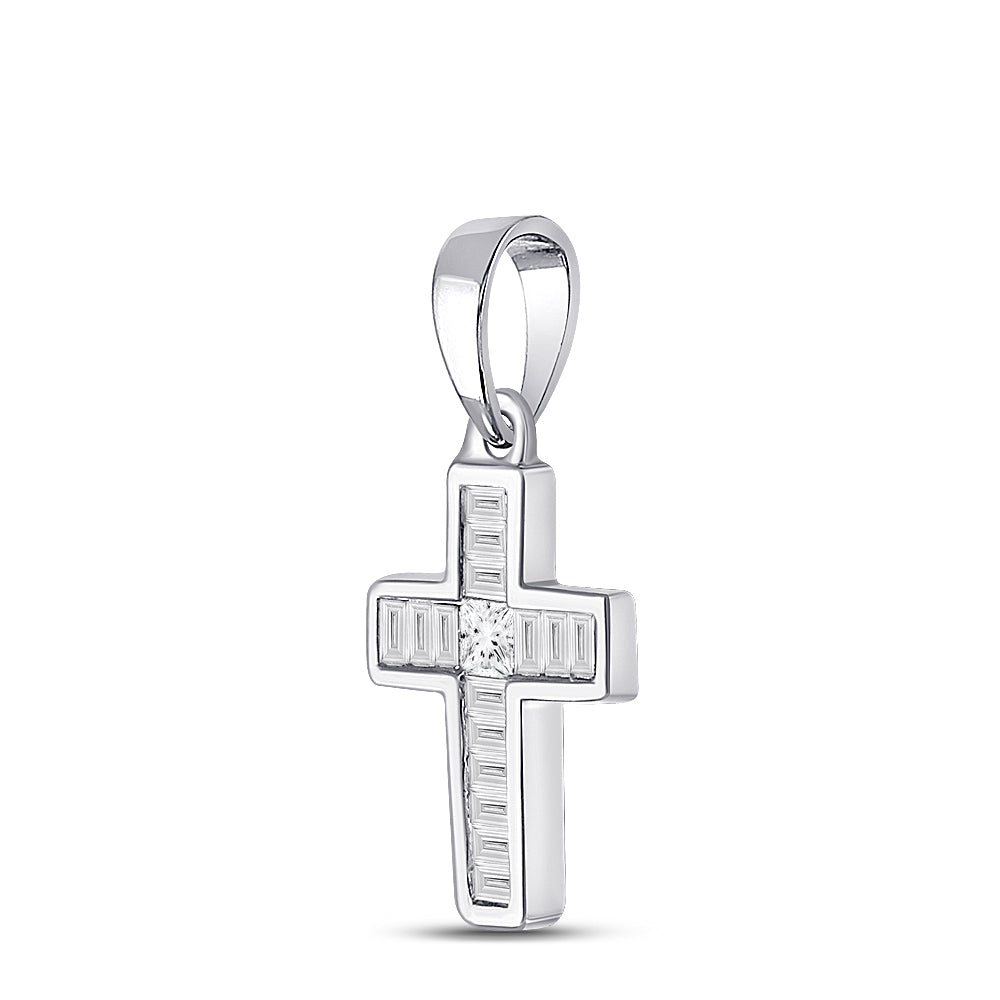 10kt White Gold Women's Princess Diamond Religious Cross Pendant 1/3 ctw