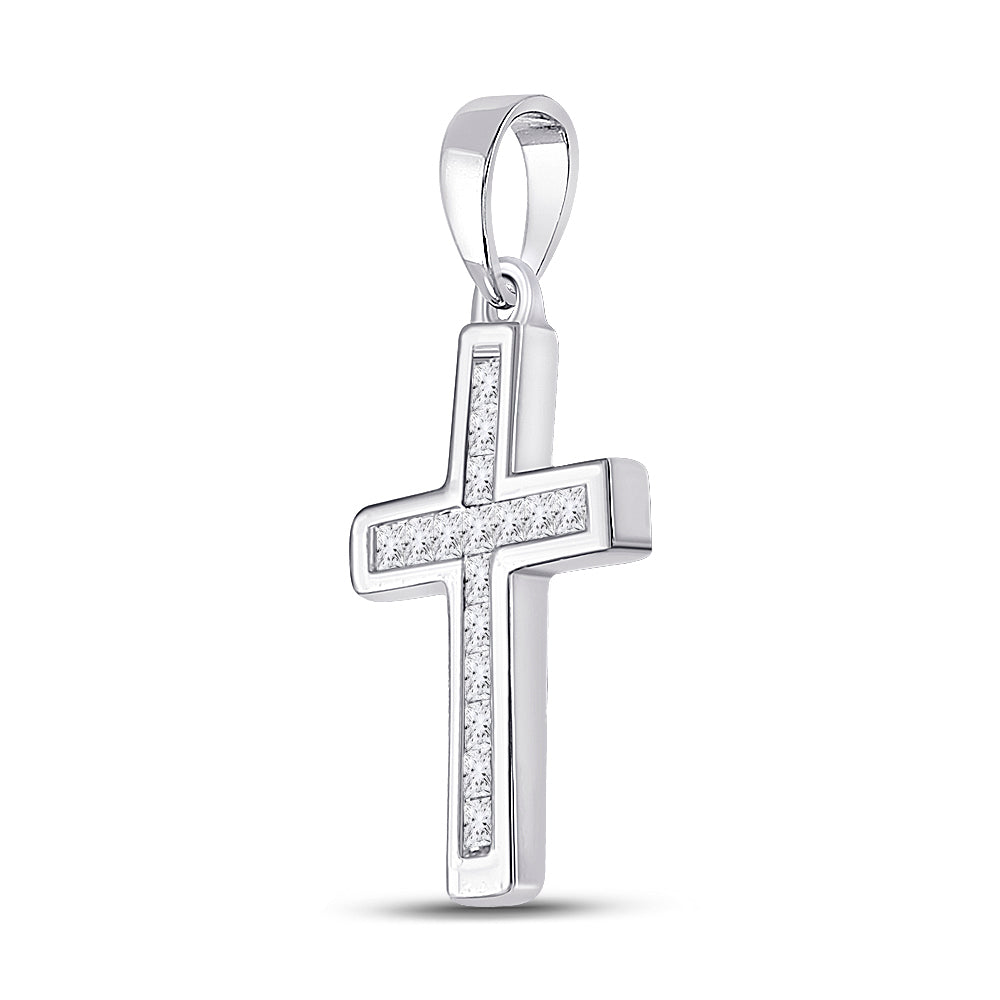10kt White Gold Women's Princess Diamond Religious Cross Pendant 1/6 ctw