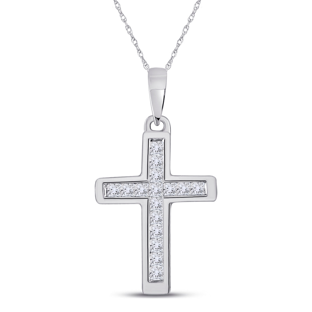 10kt White Gold Women's Princess Diamond Religious Cross Pendant 1/6 ctw - view 2