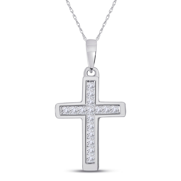 10kt White Gold Women's Princess Diamond Religious Cross Pendant 1/6 ctw - view 2