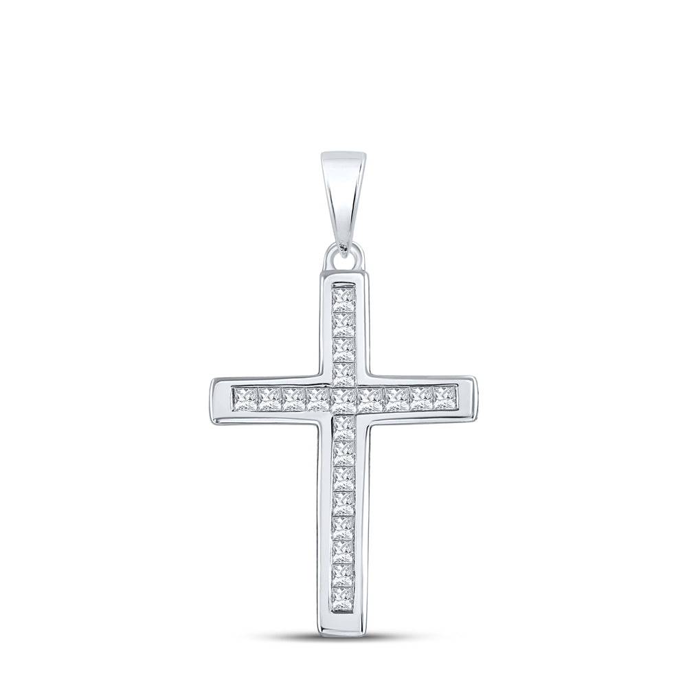 10kt White Gold Women's Princess Diamond Religious Cross Pendant 1/4 ctw
